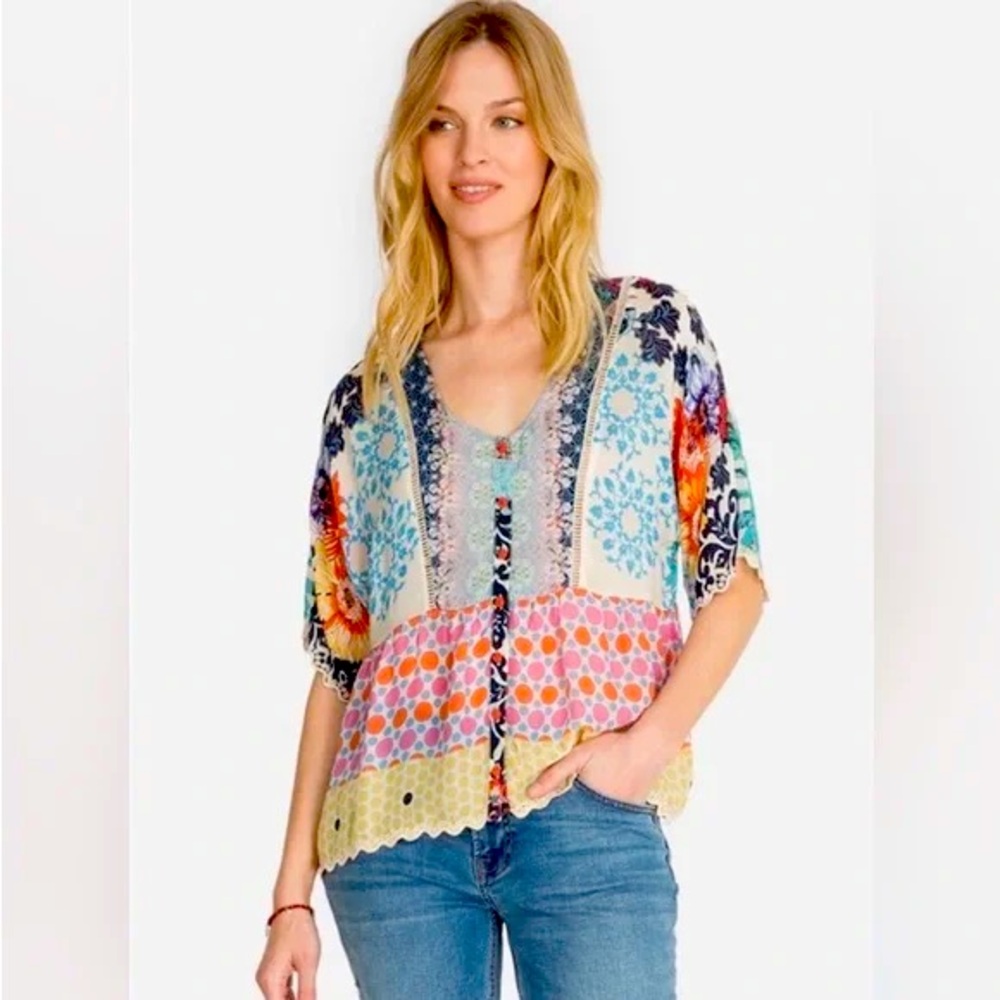 Johnny Was Pizzo crochet button front top